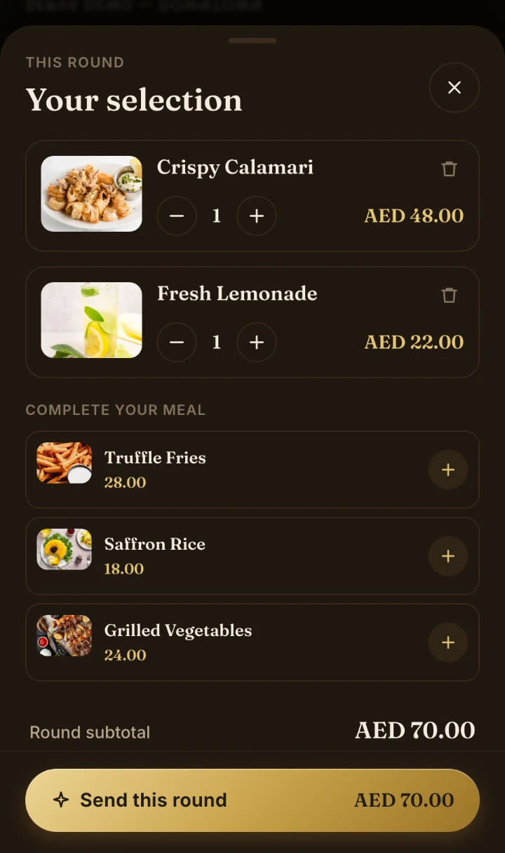SERVA One — Your selection: Crispy Calamari and Fresh Lemonade with quantity controls, suggested sides, and a Send this round button