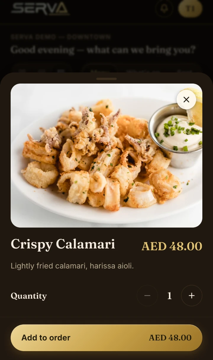 SERVA One — Crispy Calamari, AED 48, with an Add to order button