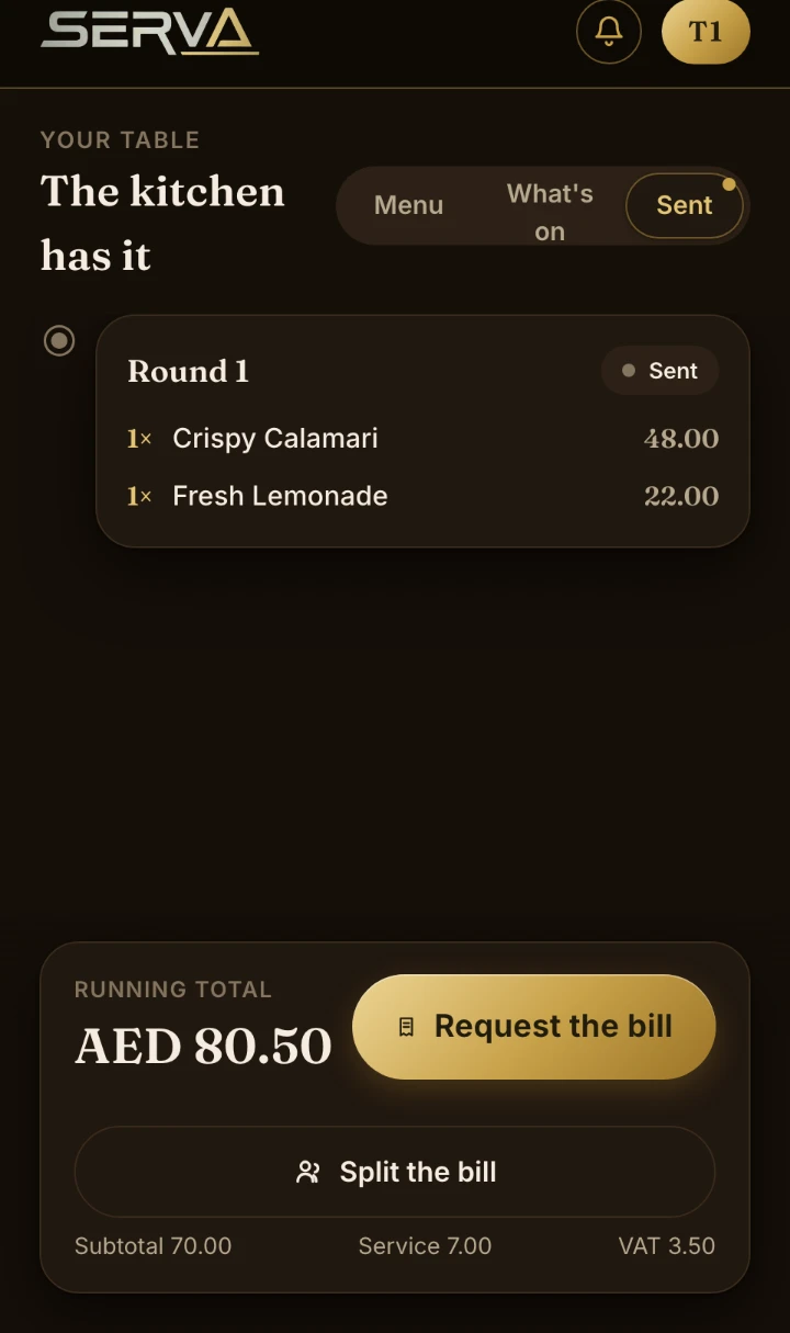 SERVA One — order sent: the kitchen has it, with a running total and Request the bill