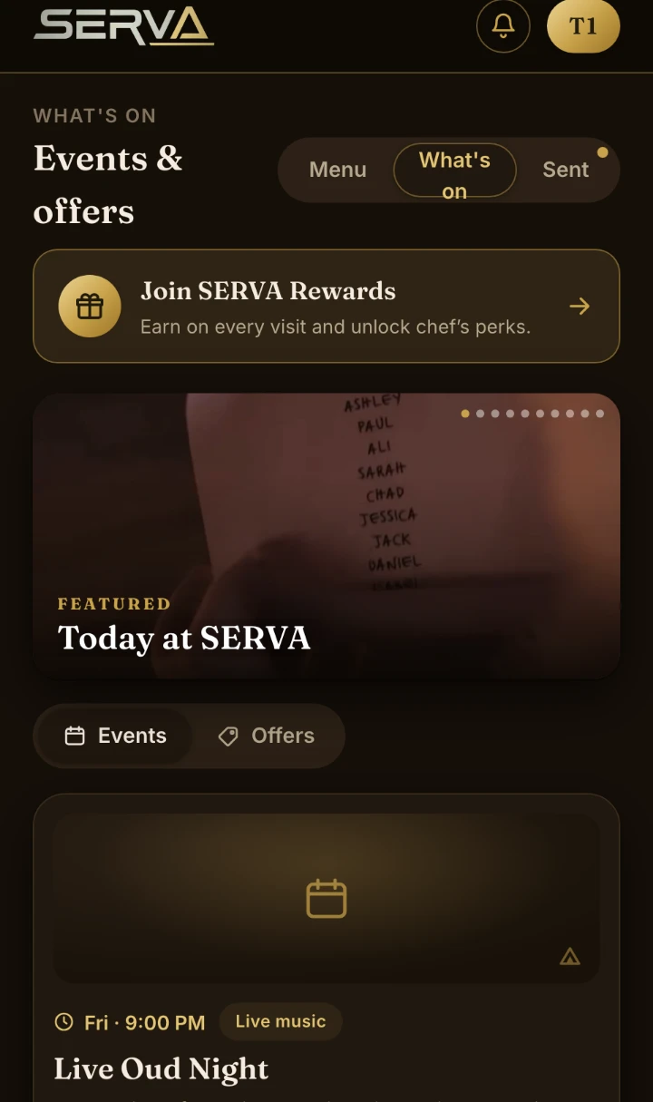 SERVA One — What's on: events and offers, with a Join SERVA Rewards banner — earn on every visit