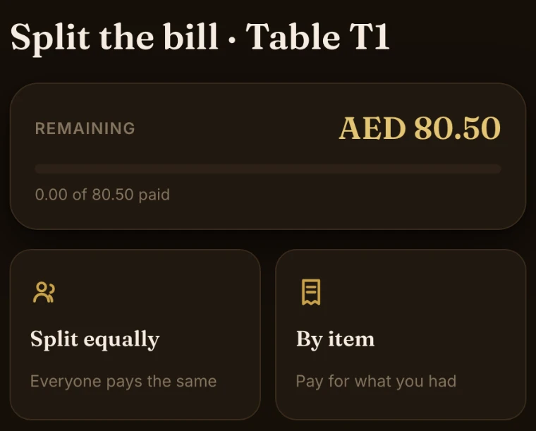 Split the bill, Table T1 — remaining AED 80.50, with Split equally and By item options